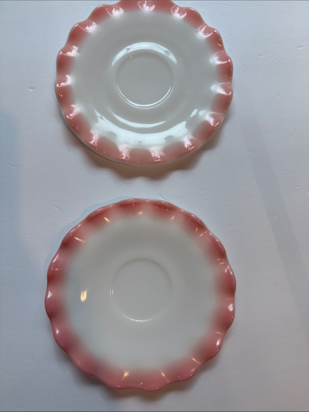 Hazel Atlas White Saucer with Pink Ruffle Edge - Set of 2